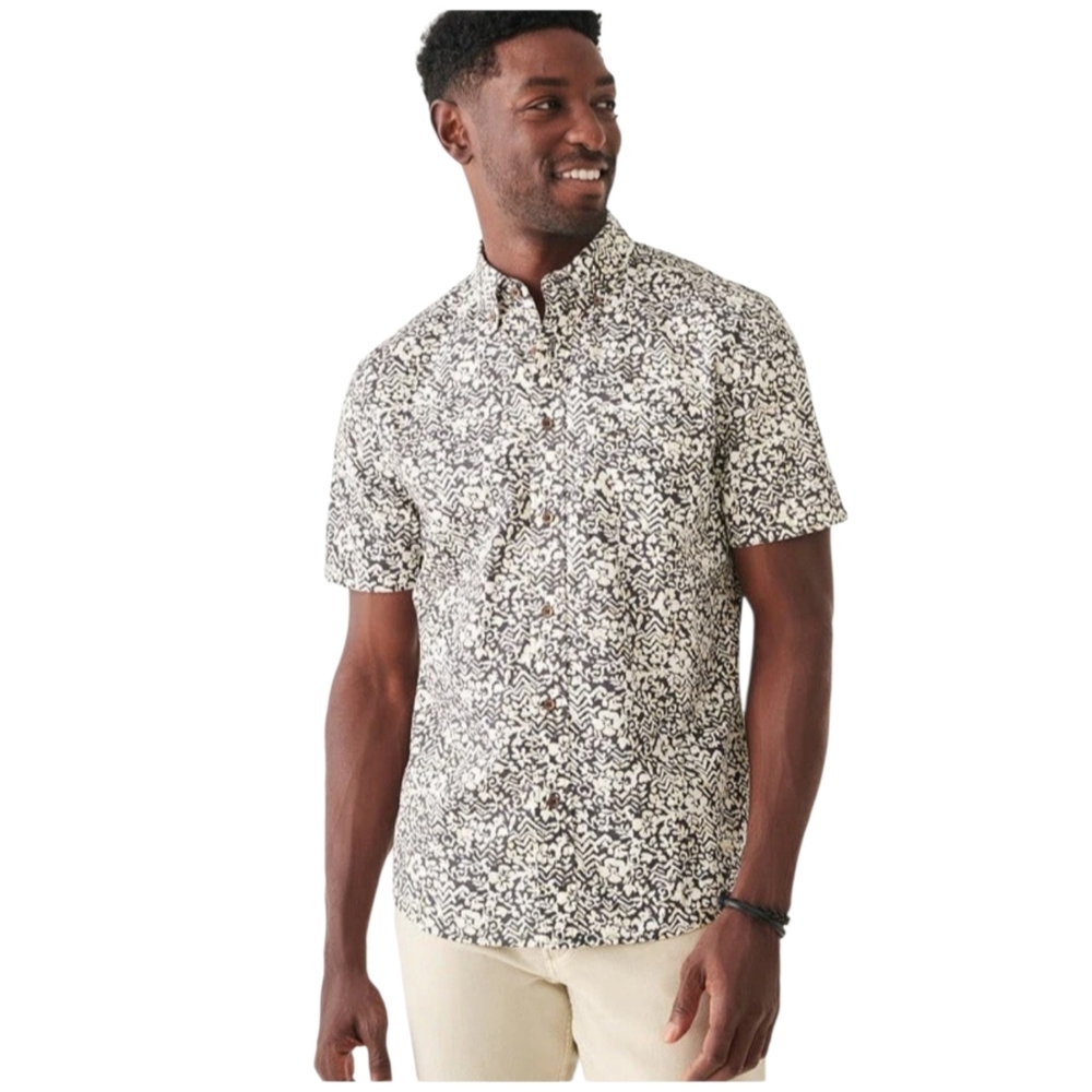 Faherty Short Sleeve Stretch Playa Shirt In Washed Black Hilo Floral